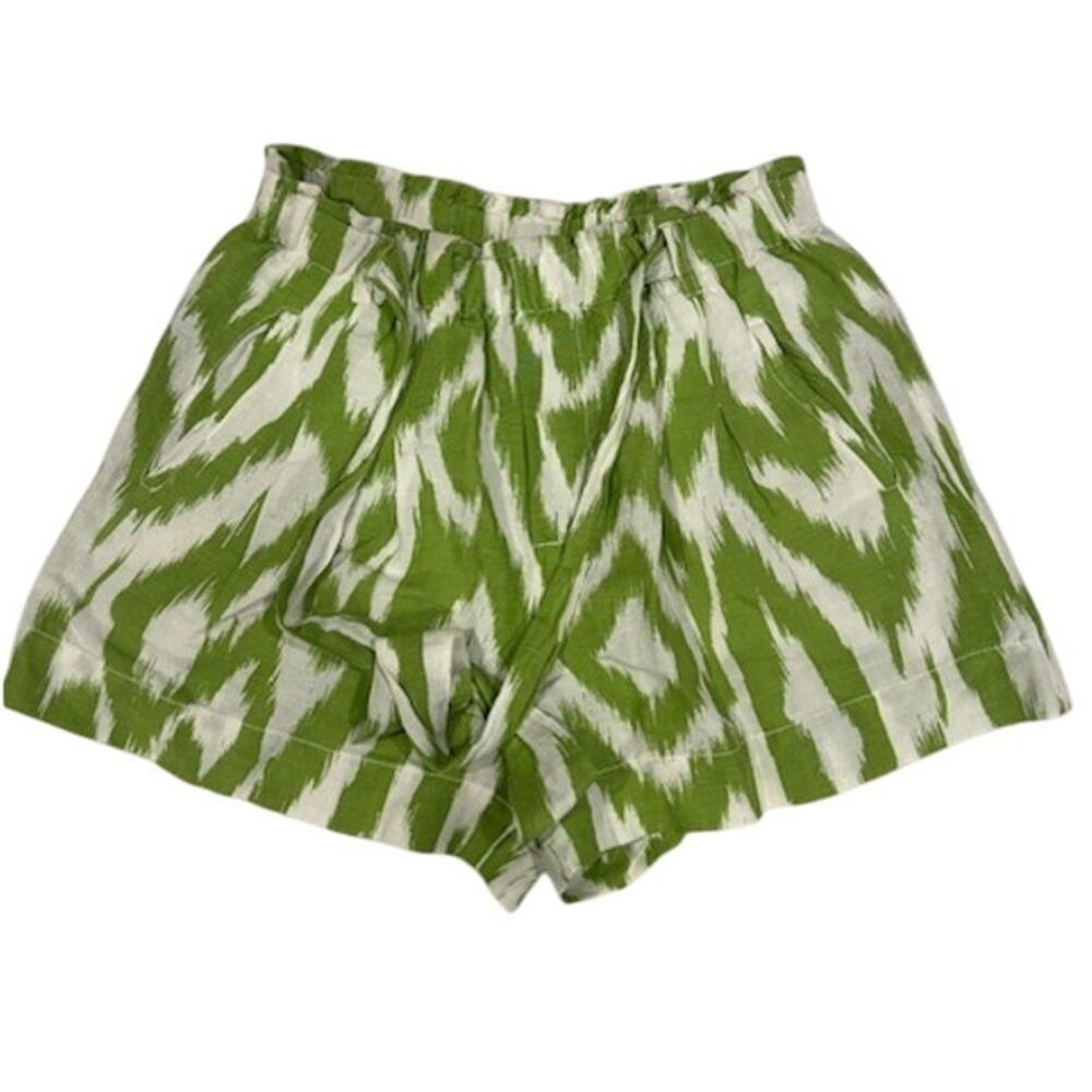 ANTHROPOLOGIE Women's Linen Shorts Shorts SMALL Green White Ikat Paperbag